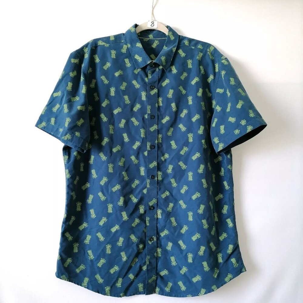 Marti Kat Men's Blue Collared Short Sleeve Pineapple Print Shirt Size XLarge